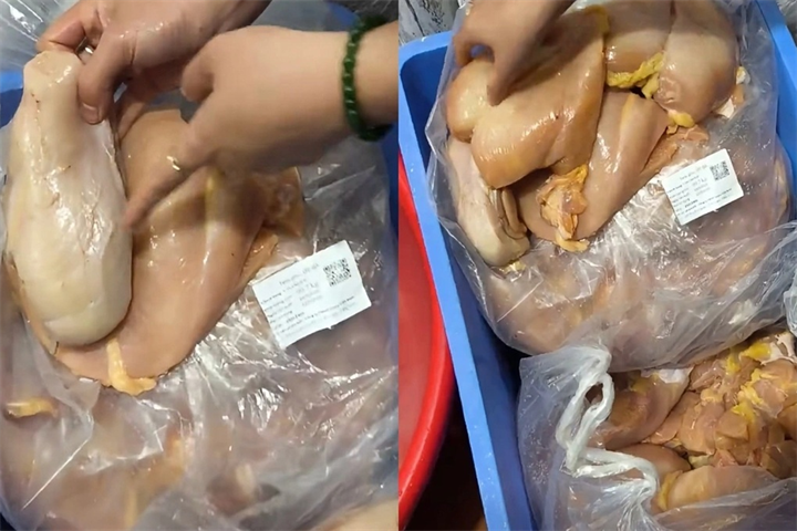 Hình ảnh một số miếng gà có dấu hiệu không tươi sống do nhà cung cấp vận chuyển đến Trường Tiểu học Lê Trọng Tấn sáng 11/9. Ảnh: Dân trí