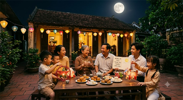 Dịp Tết Trung thu là lúc mọi người quây quần bên nhau, cùng nhau thưởng trăng, phá cỗ và tận hưởng không khí ấm áp của ngày vui đoàn viên. Ảnh minh họa tạo bằng AI