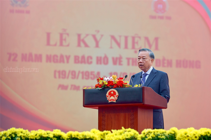Tổng Bí thư, Chủ tịch nước Tô Lâm phát biểu tại Lễ kỷ niệm 72 năm Ngày Bác Hồ về thăm Đền Hùng - Ảnh: chinhphu.vn/Nhật Bắc