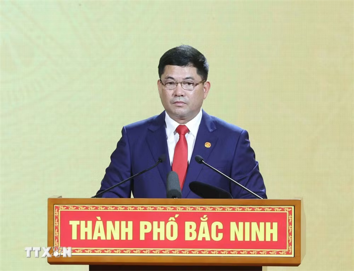 Đồng chí Nguyễn Hồng Thái, Ủy viên Trung ương Đảng, Bí thư Thành ủy Bắc Ninh phát biểu. (Ảnh: Thống Nhất/TTXVN)