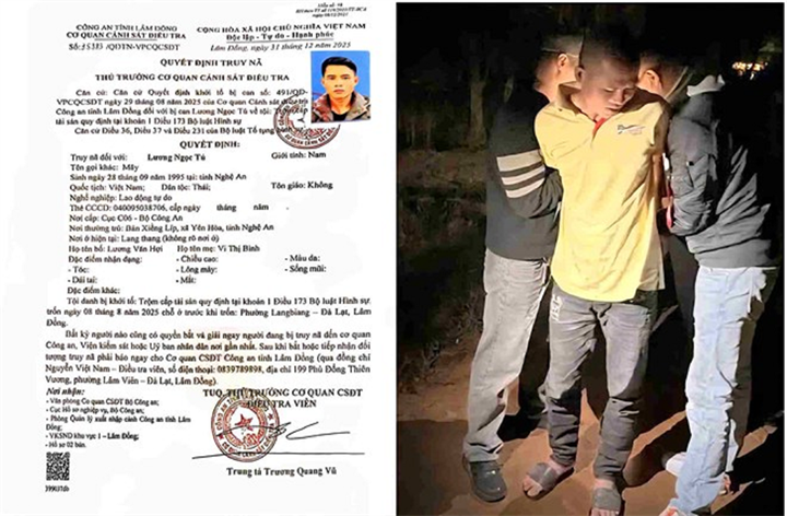 Đối tượng trốn truy nã Lương Ngọc Tú bị bắt giữ khi đang lẩn trốn tại xã Lạc Dương. Ảnh: Công an phương Lâm Viên - Đà Lạt