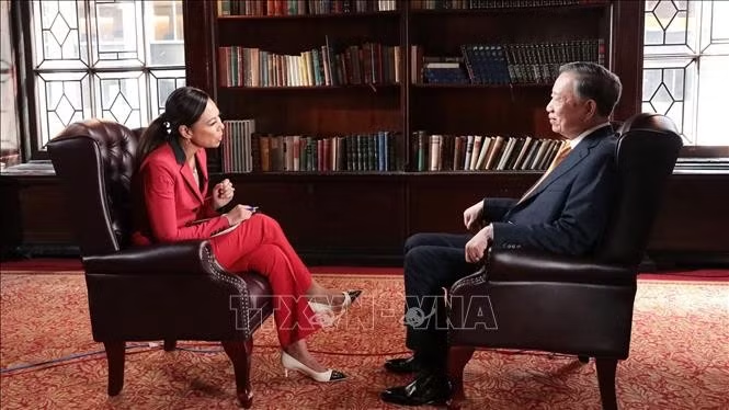 Tổng Bí thư, Chủ tịch nước Tô Lâm trả lời phỏng vấn Bloomberg. Ảnh: Thanh Tuấn/Phóng viên TTXVN tại Mỹ