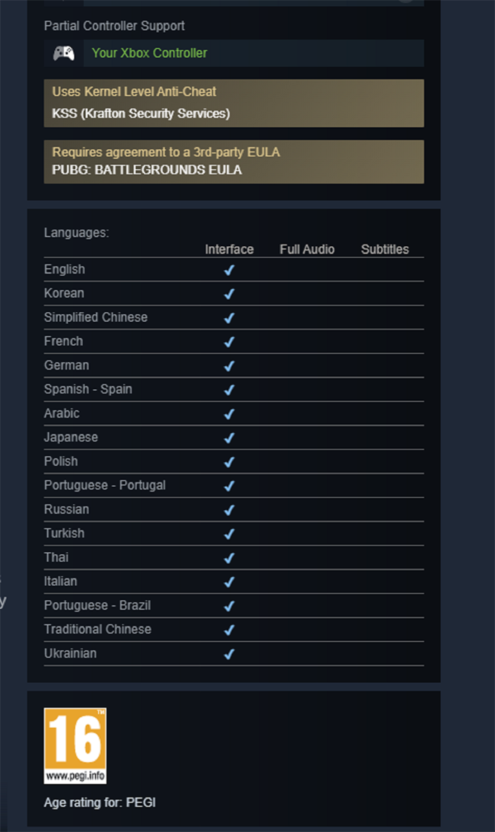 Danh sách ngôn ngữ được PUBG PC hỗ trợ trên Steam hiện không còn tiếng Việt, bên cạnh 16 ngôn ngữ khác. Ảnh: Thanh Niên