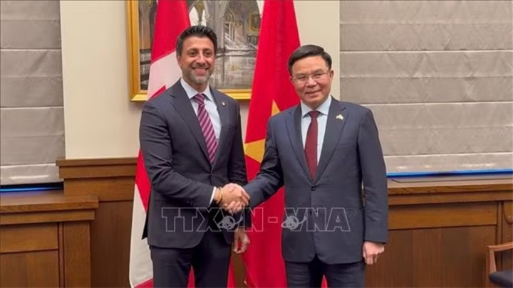Bộ trưởng Công thương Việt Nam Lê Mạnh Hùng (bên phải) tại buổi làm việc với Bộ trưởng Thương mại Quốc tế Canada Maninder Sidhu.