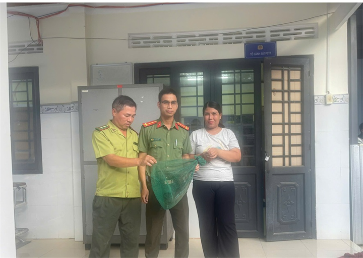 Chị Linh bàn giao cá thể chồn đèn cho lực lượng chức năng. Ảnh: Công an xã Đắk Wil