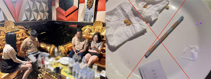 Các đối tượng và ma tuý thu giữ tại Phòng VIP 6 . Ảnh: Công an tỉnh Hưng Yên
