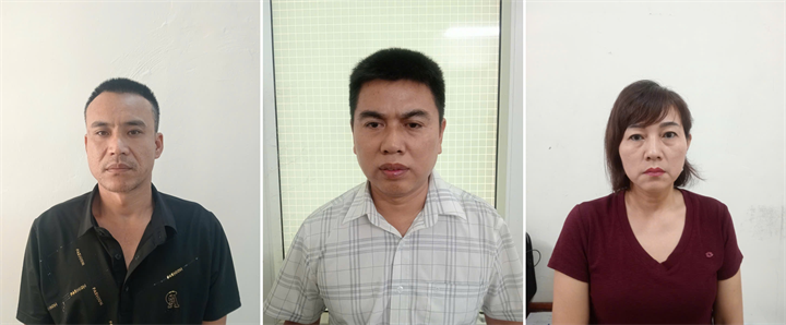 Các đối tượng Lý Văn Thắng, Nguyễn Văn Nghiêm và Chu Thị Giang (từ trái sang phải) tại Cơ quan điều tra . Ảnh: Công an tỉnh Hưng Yên