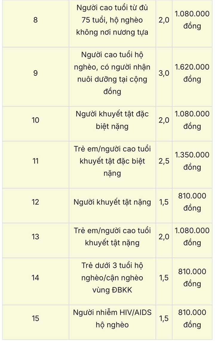15 mức trợ cấp xã hội mới dành cho trẻ em, người đơn thân, người cao tuổi và người khuyết tật. Nguồn: Lao động