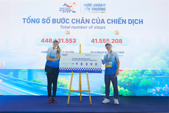 Ông Tan Tze Wooi, Tổng Giám đốc CapitaLand Development (Việt Nam), trao tặng gói hỗ trợ 98.000 USD từ Quỹ CHF cho bà Skye Maconachie, Đồng Giám đốc Điều hành Tổ chức Trẻ em Blue Dragon, nhằm thúc đẩy giáo dục và phát triển kỹ năng cho trẻ em và thanh thiếu niên yếu thế. Nguồn ảnh CapitaLand
