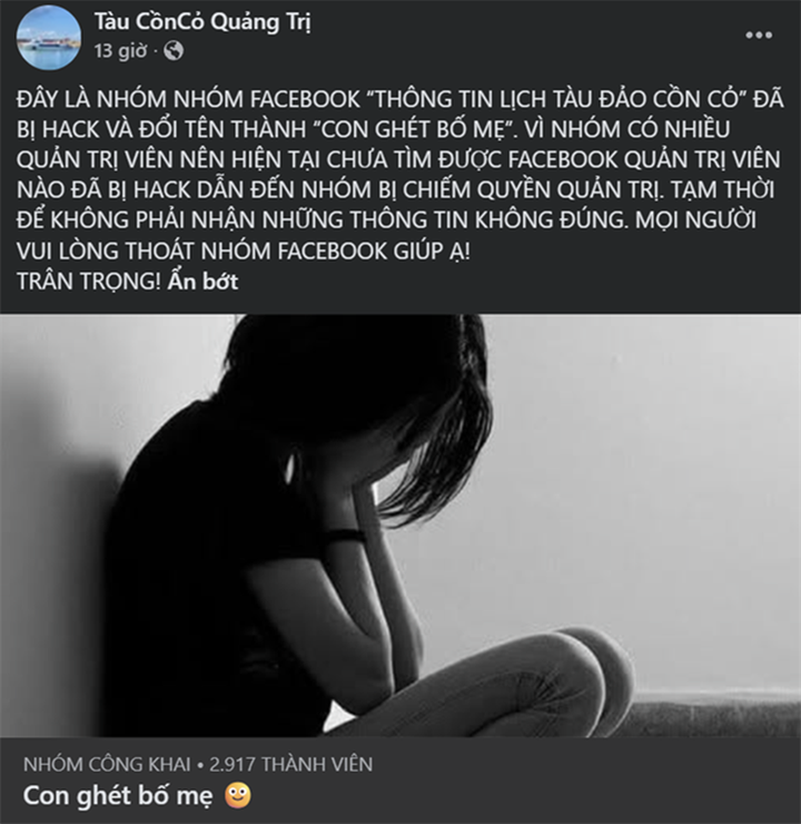 Trung tâm Dịch vụ và du lịch Cồn Cỏ thông báo cho các thành viên về việc nhóm bị chiếm quyền và đổi tên. Ảnh: Thanh Niên