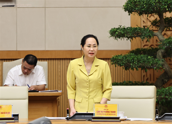 Bộ trưởng Bộ VHTT&DL Lâm Thị Phương Thanh phát biểu tại Hội nghị - Ảnh: chinhphu.vn/Thu Giang