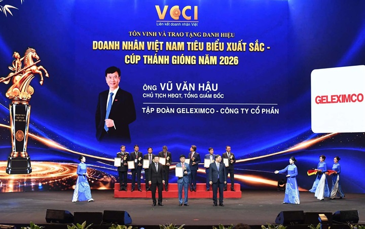Chủ tịch HĐQT, Tổng giám đốc Tập đoàn Geleximco Vũ Văn Hậu được vinh danh Doanh nhân Việt Nam tiêu biểu - Cúp Thánh Gióng 2026. Nguồn ảnh Geleximco