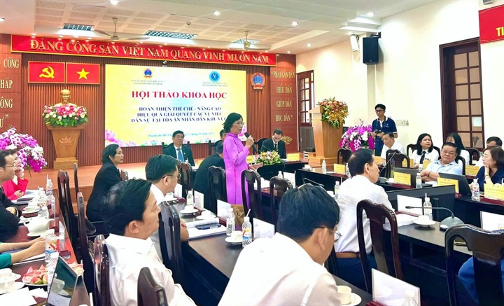 Bà Ung Thị Xuân Hương - Chủ tịch Hội Luật gia Tp.Hồ Chí Minh tham gia đóng góp ý kiến tại hội thảo khoa học về việc nâng cao hiệu quả giải quyết các vụ việc dân sự tại tòa án.