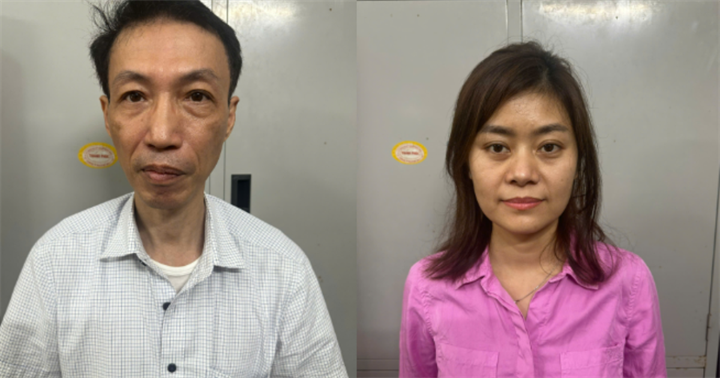Đỗ Viễn Phương và Nguyễn Thị Biển tại Cơ quan Công an. (Ảnh: Công an Hưng Yên)