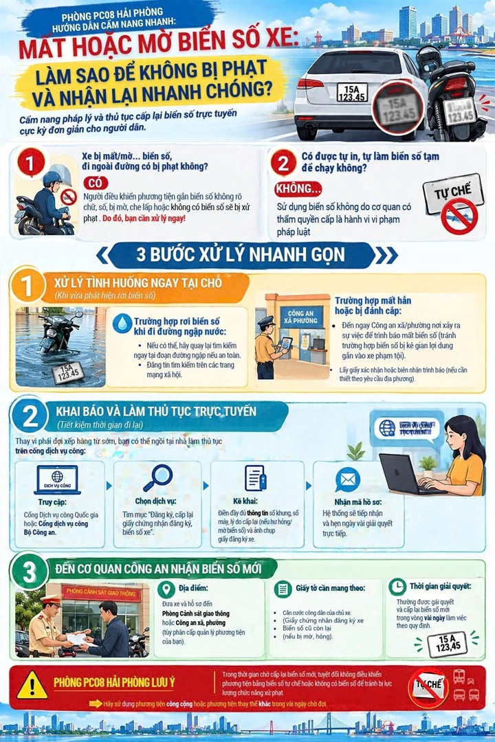 Khi biển số xe bị mất hoặc hư hỏng, người dân cần thực hiện các thủ tục cần thiết để được cấp lại. (Ảnh: Congan.haiphong.gov.vn)