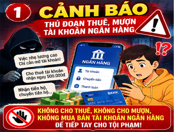 Cảnh giác với thủ đoạn dụ dỗ thuê, mượn, mua bán tài khoản thanh toán ngân hàng. (Ảnh: Công an tỉnh Lâm Đồng)