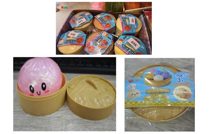 Sản phẩm đồ chơi bóp mềm hình bánh bao có tên gọi “Squeezy Dumplings” tiềm ẩn nguy cơ gây mất an toàn cho trẻ em. Ảnh: Công an tỉnh Ninh Bình