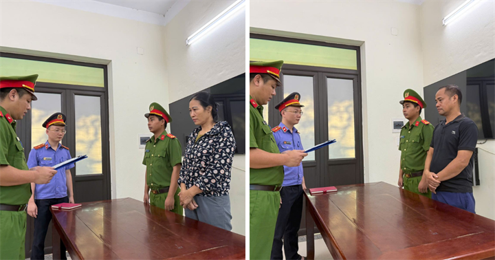 Cơ quan Cảnh sát điều tra tống đạt các Quyết định đối với Chu Văn Đoàn và Bùi Thị Hiền. (Ảnh: Công an Phú Thọ)