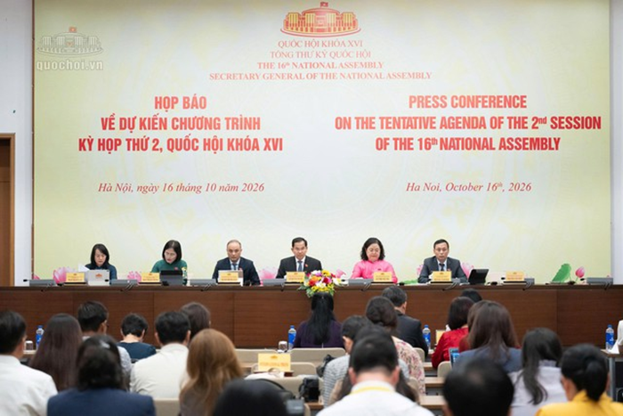 Quang cảnh Họp báo về dự kiến chương trình Kỳ họp thứ 2, Quốc hội khoá XVI (Ảnh: Media Quốc hội).