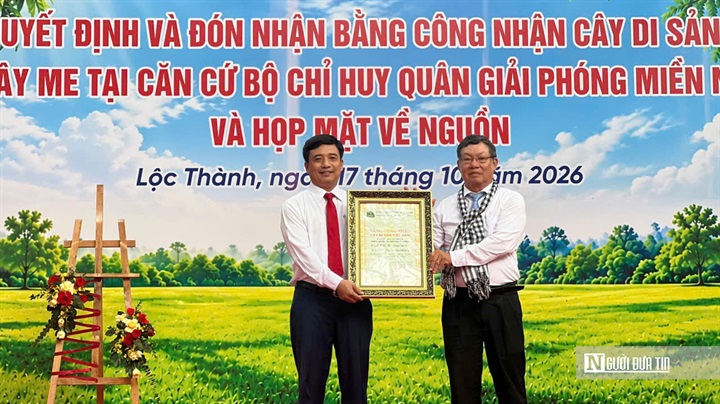 Đại diện Hội Bảo vệ Thiên nhiên và Môi trường Việt Nam trao quyết định công nhận Cây Di sản Việt Nam.