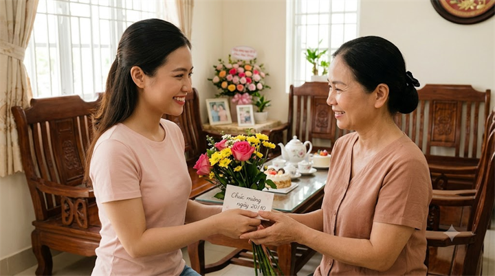 Ngày 20/10 - Ngày Phụ nữ Việt Nam là dịp đặc biệt để tôn vinh những người phụ nữ tuyệt vời, và mẹ chắc chắn là người đầu tiên chúng ta cần gửi gắm sự tri ân. Ảnh minh họa: AI