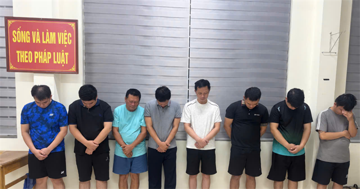 Nhóm đối tượng bị khởi tố, tạm giam (từ trái sang phải): Hoàng Văn Dũng, Hoàng Minh Tưởng, Đỗ Văn Hùng, Nguyễn Văn Tình, Trần Anh Hào, Hoàng Văn Nam, Hoàng Văn Đạt. (Ảnh: Công an Hà Nội)