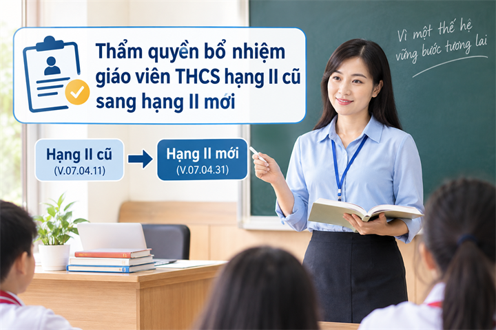 Về thẩm quyền bổ nhiệm giáo viên THCS hạng II cũ sang hạng II mới, Bộ Giáo dục và Đào tạo đã có những hướng dẫn cụ thể. (Ảnh: AI)