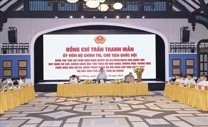 Chủ tịch Quốc hội Trần Thanh Mẫn phát biểu tại cuộc làm việc với Lãnh đạo tỉnh An Giang. Ảnh: Doãn Tấn/TTXVN