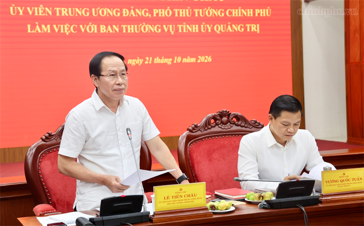 Phó Thủ tướng Lê Tiến Châu phát biểu tại cuộc làm việc với Ban Thường vụ Tỉnh uỷ Quảng Trị - Ảnh: chinhphu.vn/Thu Sa.