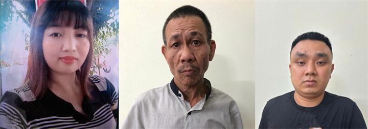 Hà Thị Hằng, Nguyễn Văn Ngọc và Nguyễn Văn Mạnh (từ trái sang phải) tại cơ quan công an. (Ảnh: Công an tỉnh Hưng Yên)