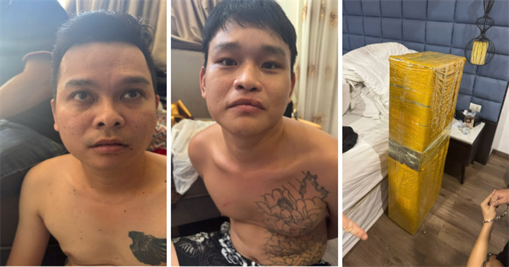 : Đối tượng Phan Văn Triệu và Nguyễn Thanh Tuấn Duy cùng vật chứng thu giữ tại Lào. (Ảnh: CACC)